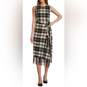 Antonio Melani Tula Plaid Wrap Front Fringe Hem Midi Dress in Size 2 NWT